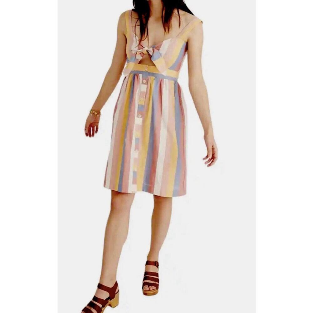 Madewell Tie Front Cut Out Dress Sherbet Stripe Size 6 Strap Pink Buttons New